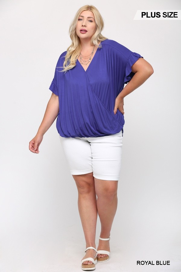 Plus Size Surplice Viscose Top with Ruffle Sleeve – Royal Blue
