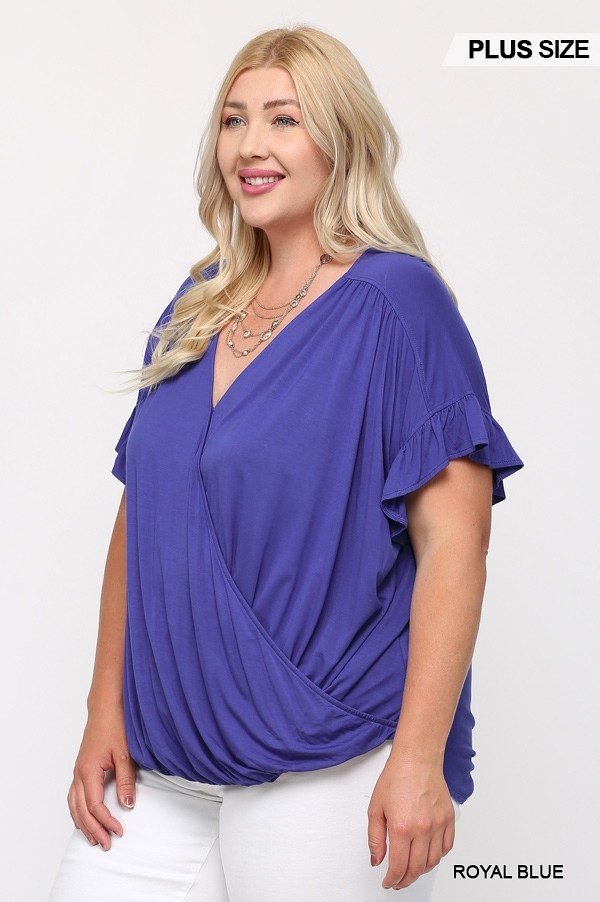 Plus Size Surplice Viscose Top with Ruffle Sleeve – Royal Blue