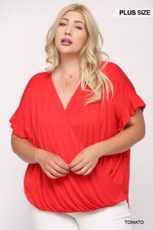 Plus Size Surplice Top with Ruffle Sleeves – Tomato
