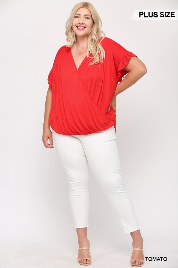 Plus Size Surplice Top with Ruffle Sleeves – Tomato