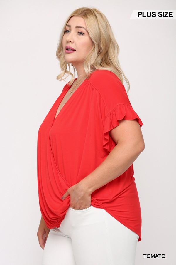 Plus Size Surplice Top with Ruffle Sleeves – Tomato