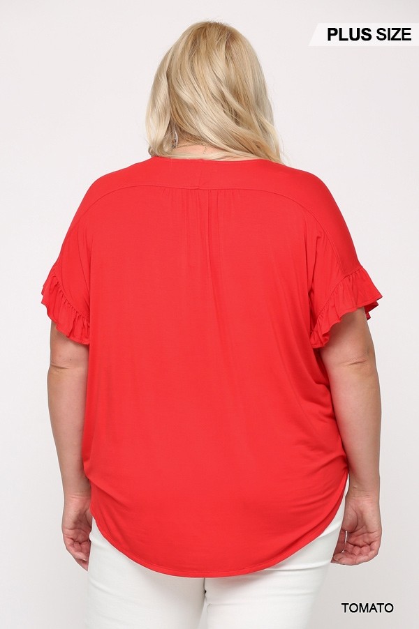 Plus Size Surplice Top with Ruffle Sleeves – Tomato