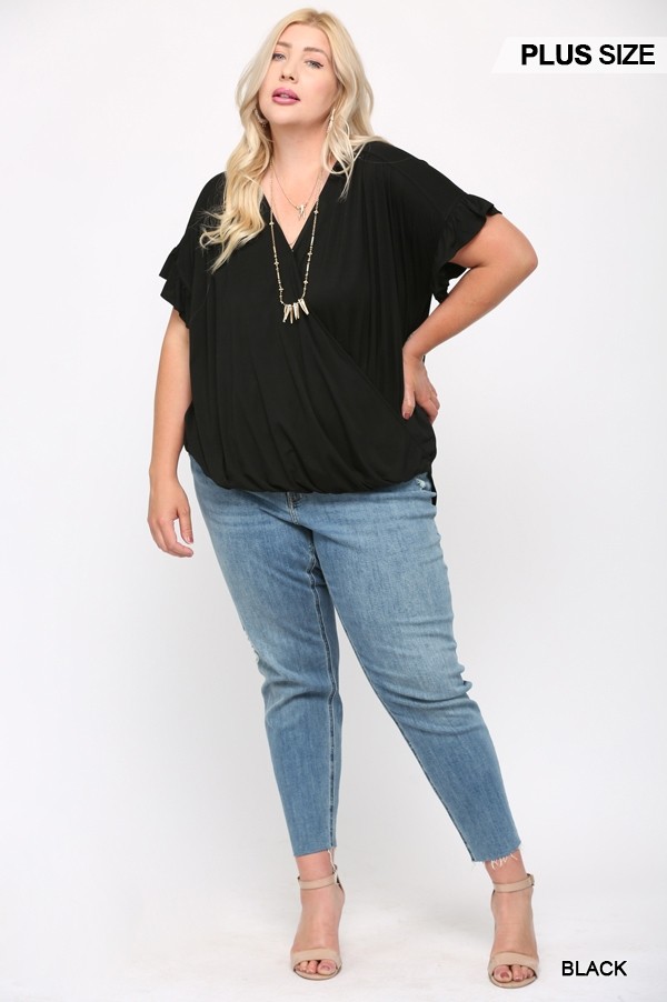 Plus Size Viscose Surplice Top with Ruffle Sleeve – Black