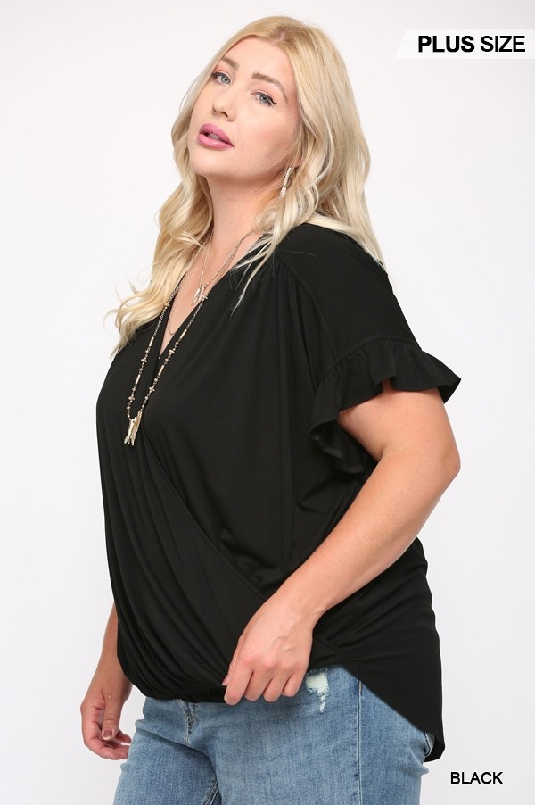 Plus Size Viscose Surplice Top with Ruffle Sleeve – Black