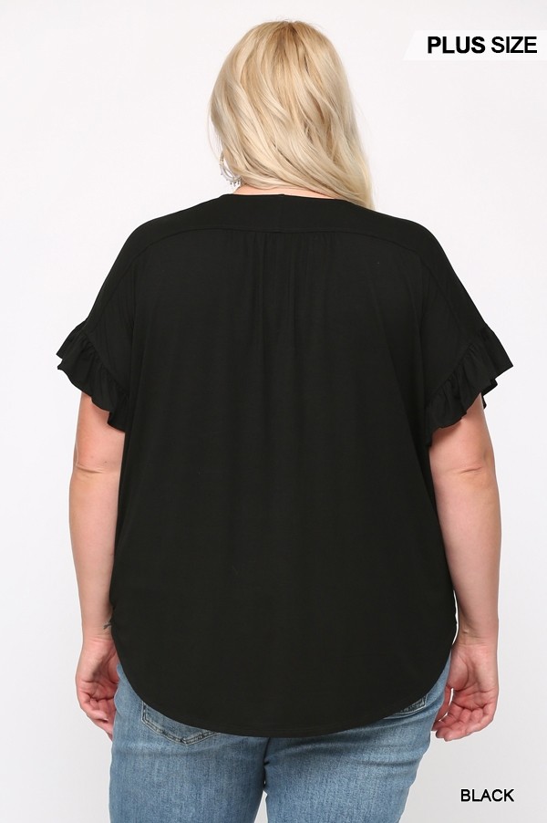 Plus Size Viscose Surplice Top with Ruffle Sleeve – Black