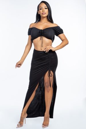 Ruched Off-Shoulder Crop Top & Asymmetrical Skirt Set – Black