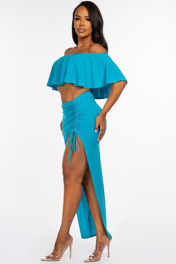 Off-Shoulder Ruffled Cropped Top Two-Piece Set – Jade