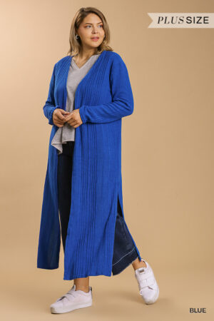 Open-Front Long Cardigan – Blue (Plus Size)