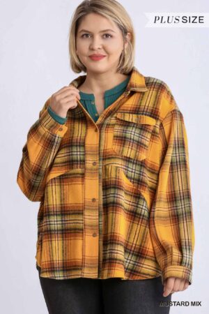 Plus Size Plaid Collar Button-Down Overshirt – Mustard Mix