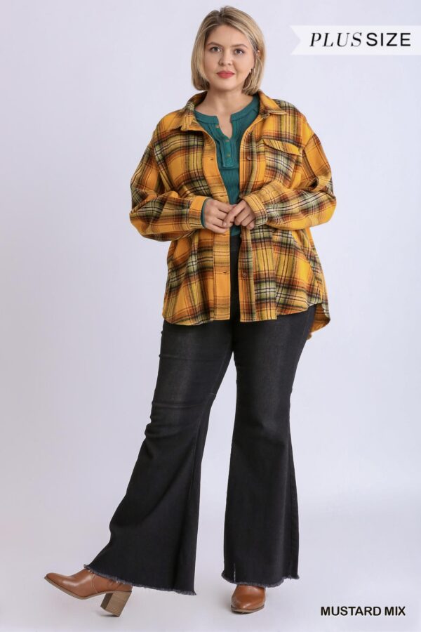 Plus Size Plaid Collar Button-Down Overshirt – Mustard Mix