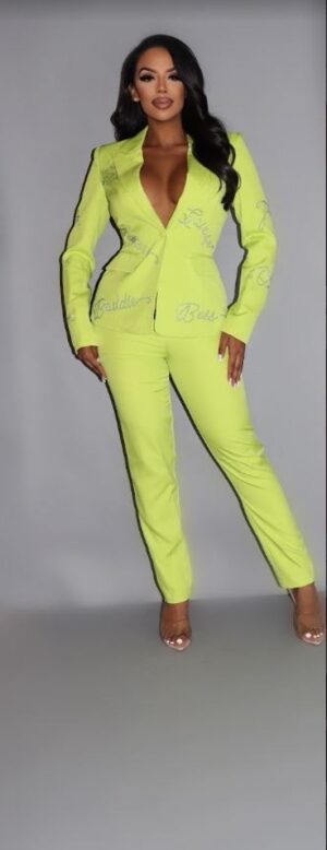 Powersuit Blazer and Pants Set with Rhinestone Lettering – Lime