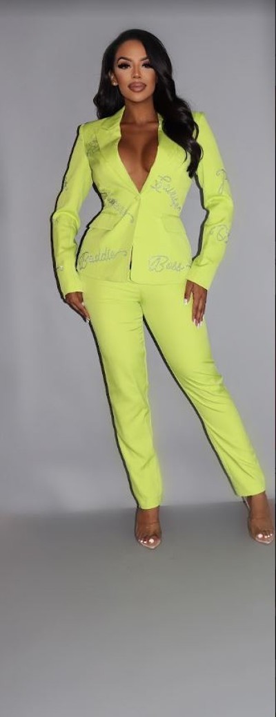 Powersuit Blazer and Pants Set with Rhinestone Lettering – Lime