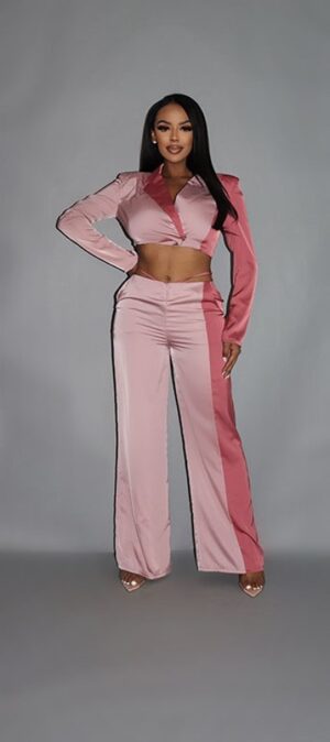 Colorblock Crop Blazer & Low-Rise Wide-Leg Pant Set – Blush