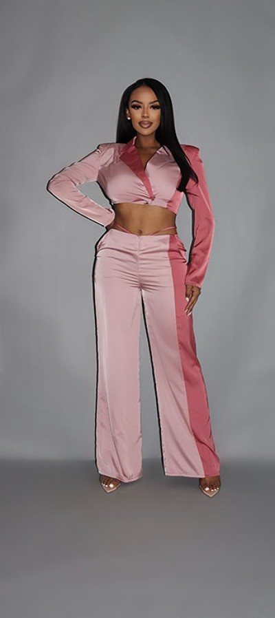Colorblock Crop Blazer & Low-Rise Wide-Leg Pant Set – Blush