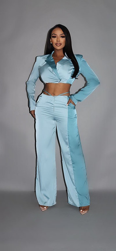 Colorblock Crop Blazer & Low-Rise Wide-Leg Pant Set – Blue