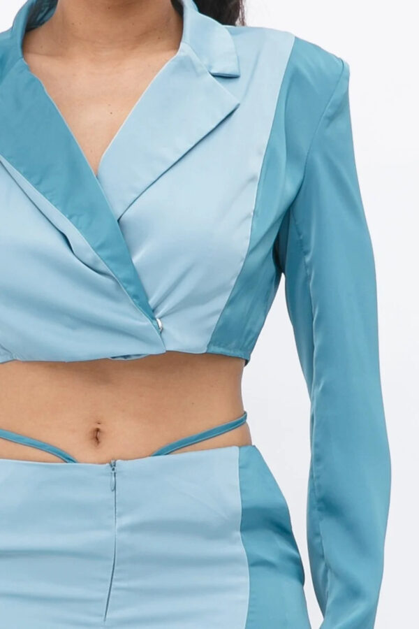 Colorblock Crop Blazer & Low-Rise Wide-Leg Pant Set – Blue