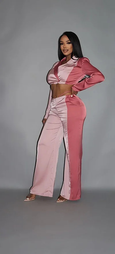 Colorblock Crop Blazer & Low-Rise Wide-Leg Pant Set – Blush
