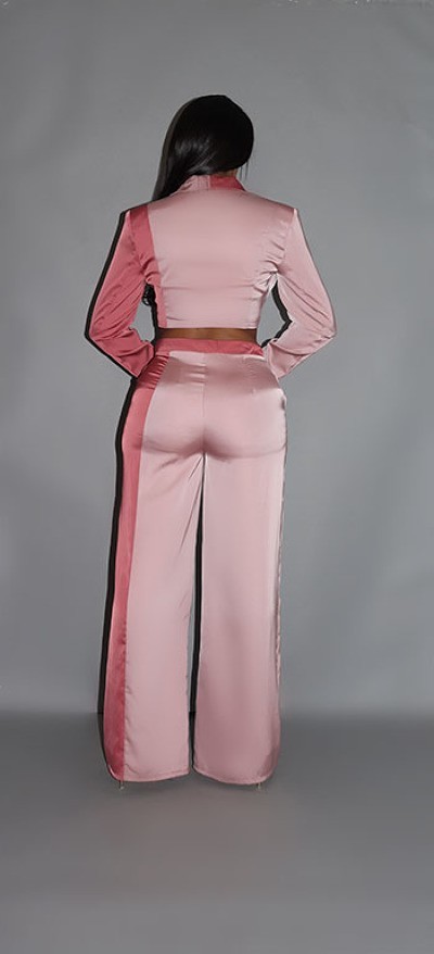 Colorblock Crop Blazer & Low-Rise Wide-Leg Pant Set – Blush