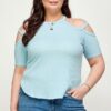Plus-Size Ribbed Cold-Shoulder Top – Dusty Blue