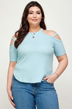 Plus-Size Ribbed Cold-Shoulder Top – Dusty Blue