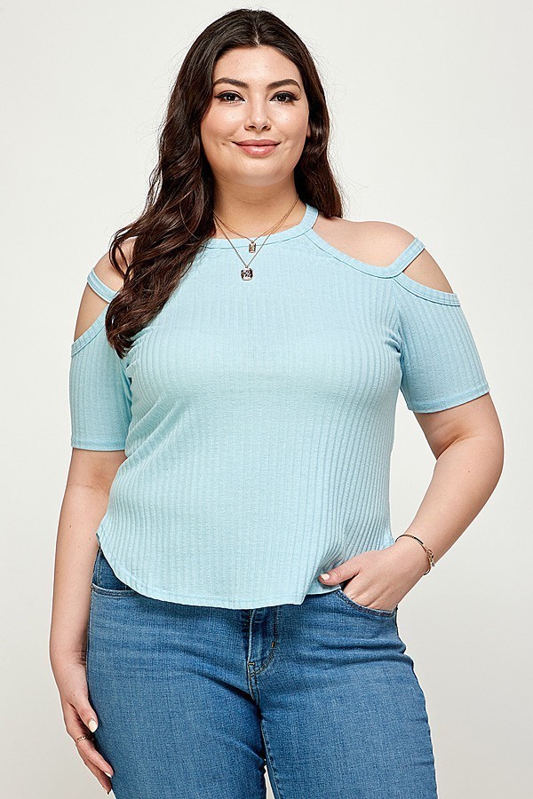 Plus-Size Ribbed Cold-Shoulder Top – Dusty Blue