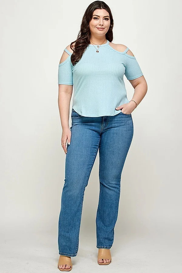 Plus-Size Ribbed Cold-Shoulder Top – Dusty Blue