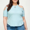 Plus-Size Ribbed Cold-Shoulder Top – Dusty Blue