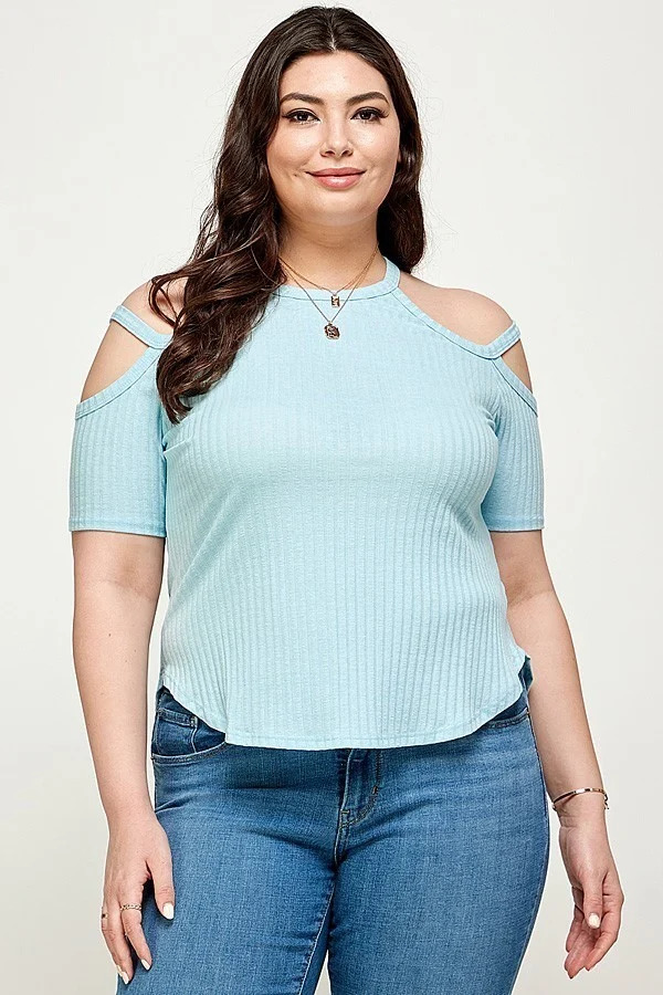 Plus-Size Ribbed Cold-Shoulder Top – Dusty Blue
