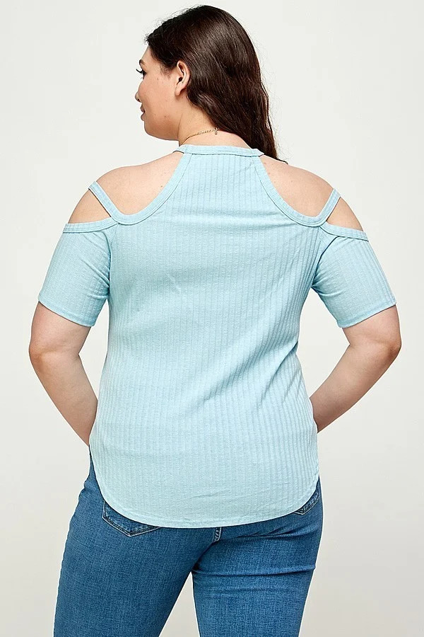 Plus-Size Ribbed Cold-Shoulder Top – Dusty Blue