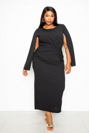 Cape Sleeve Dress with Knot Detail – Black (Plus Size)