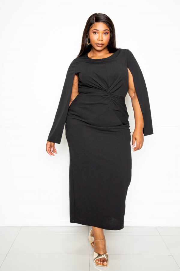 Cape Sleeve Dress with Knot Detail – Black (Plus Size)