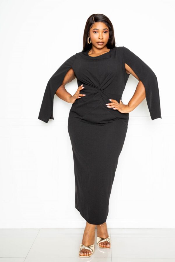 Cape Sleeve Dress with Knot Detail – Black (Plus Size)