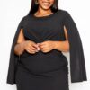 Cape Sleeve Dress with Knot Detail – Black (Plus Size)