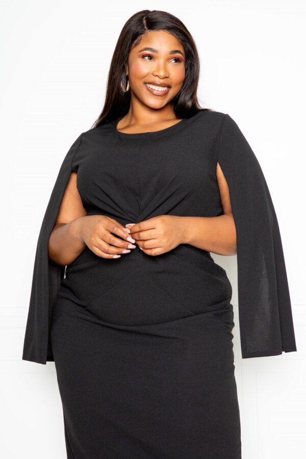 Cape Sleeve Dress with Knot Detail – Black (Plus Size)