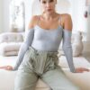 Ribbed Off-Shoulder Long-Sleeve Bodysuit – Heather Grey