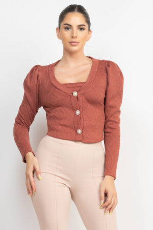 Geometric Cami & Puff-Sleeve Blazer Set – Smokey Mauve