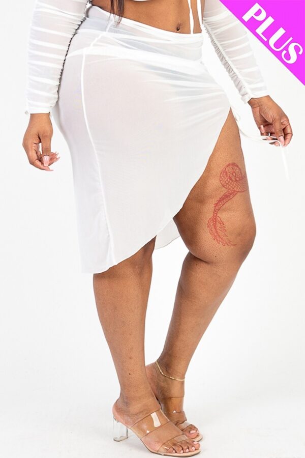 Plus Sheer Mesh Ruched Drawstring Skirt – White