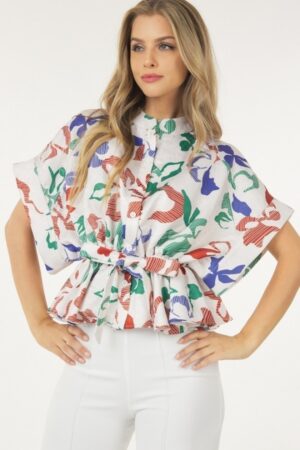 Floral Short Sleeve Top with Waist Tie – Rust