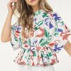Floral Short Sleeve Top with Waist Tie – Rust