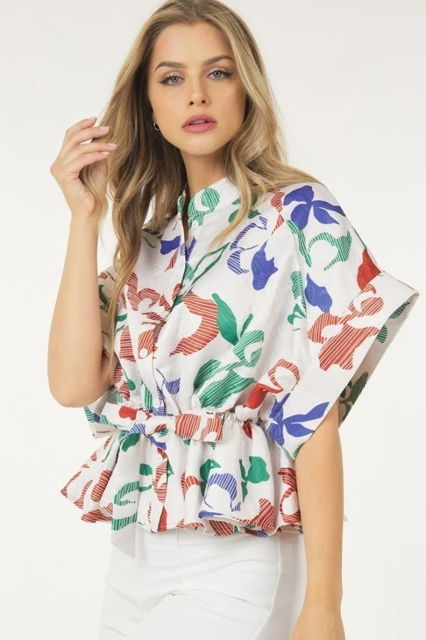 Floral Short Sleeve Top with Waist Tie – Rust