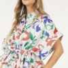 Floral Short Sleeve Top with Waist Tie – Rust