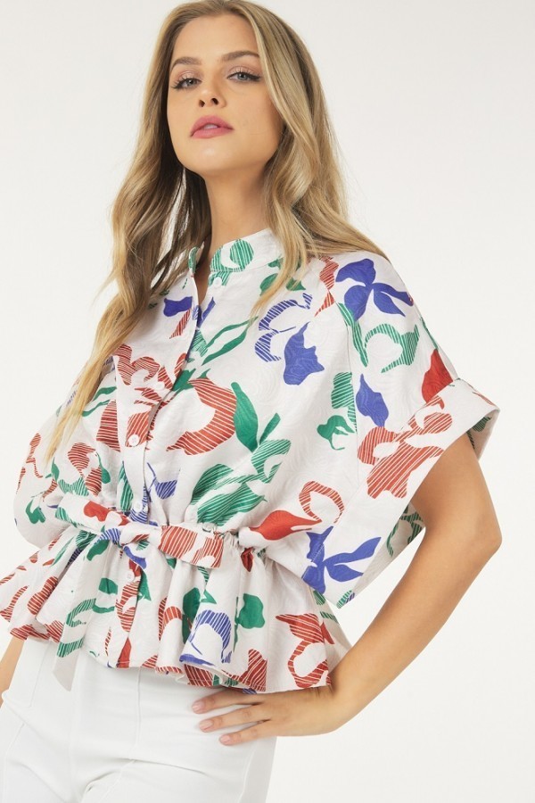Floral Short Sleeve Top with Waist Tie – Rust