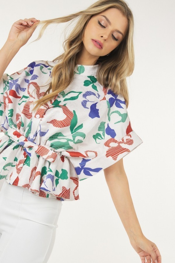 Floral Short Sleeve Top with Waist Tie – Rust