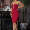 Off-Shoulder Dress with Heart V-Neck & Jewel Trim – Red