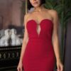Off-Shoulder Dress with Heart V-Neck & Jewel Trim – Red