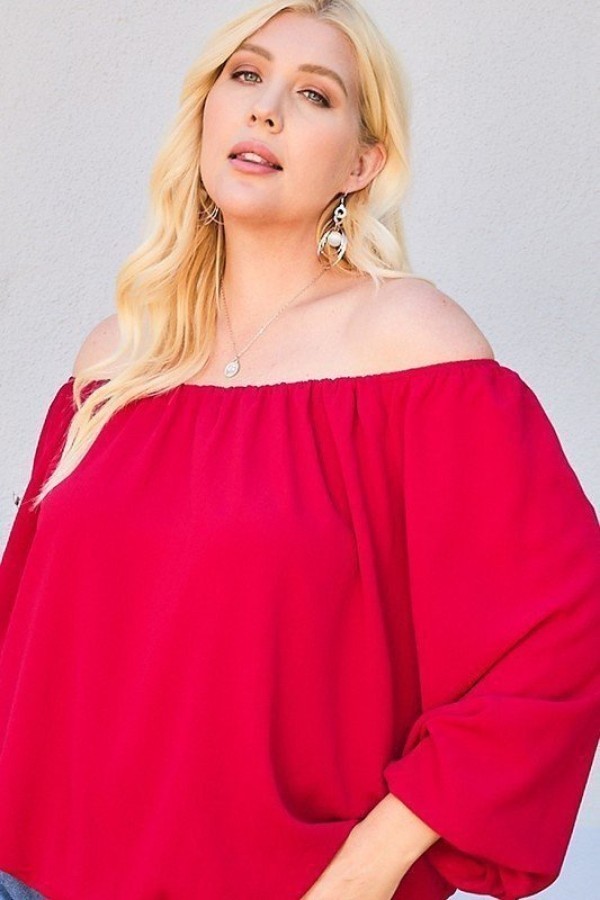 Plus Size Off Shoulder Top – Long Bubble Sleeves, Burgundy