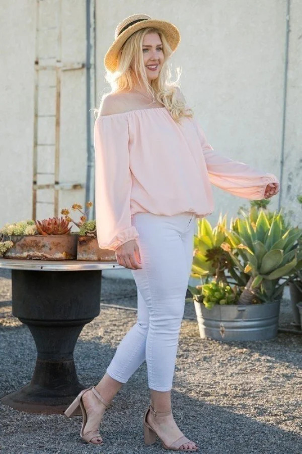 Off-Shoulder Bubble Sleeve Top – Rose (Plus Size)