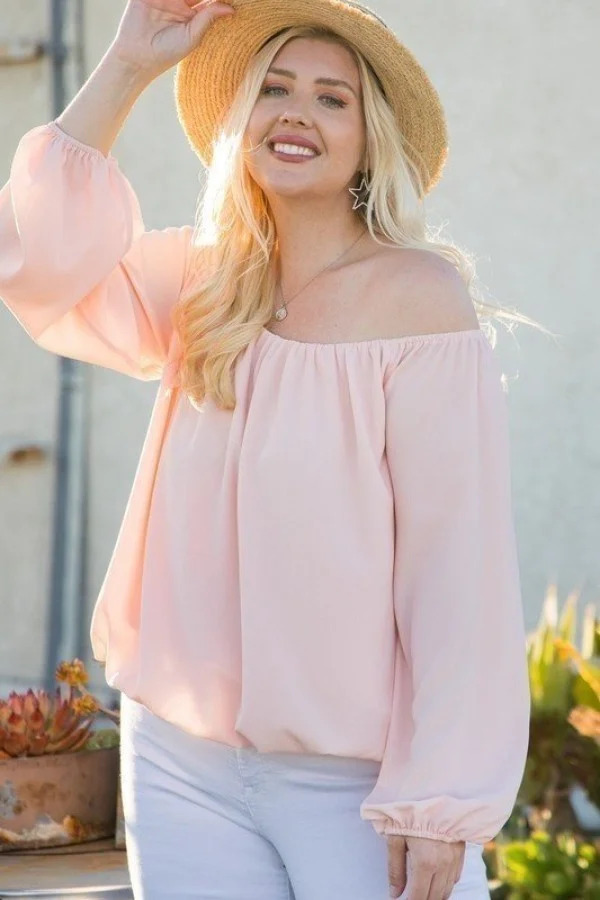 Off-Shoulder Bubble Sleeve Top – Rose (Plus Size)