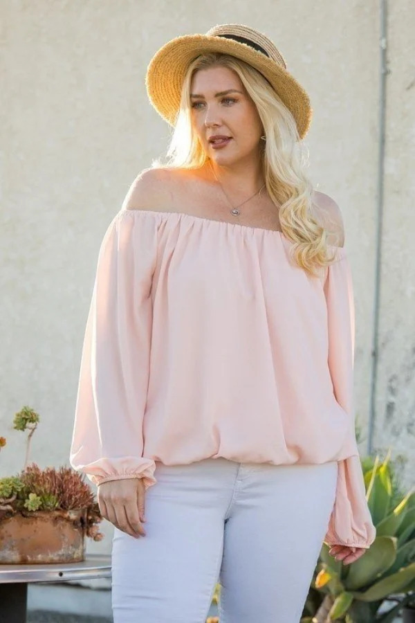 Off-Shoulder Bubble Sleeve Top – Rose (Plus Size)