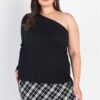 Plus-Size Ribbed One-Shoulder Top – Black